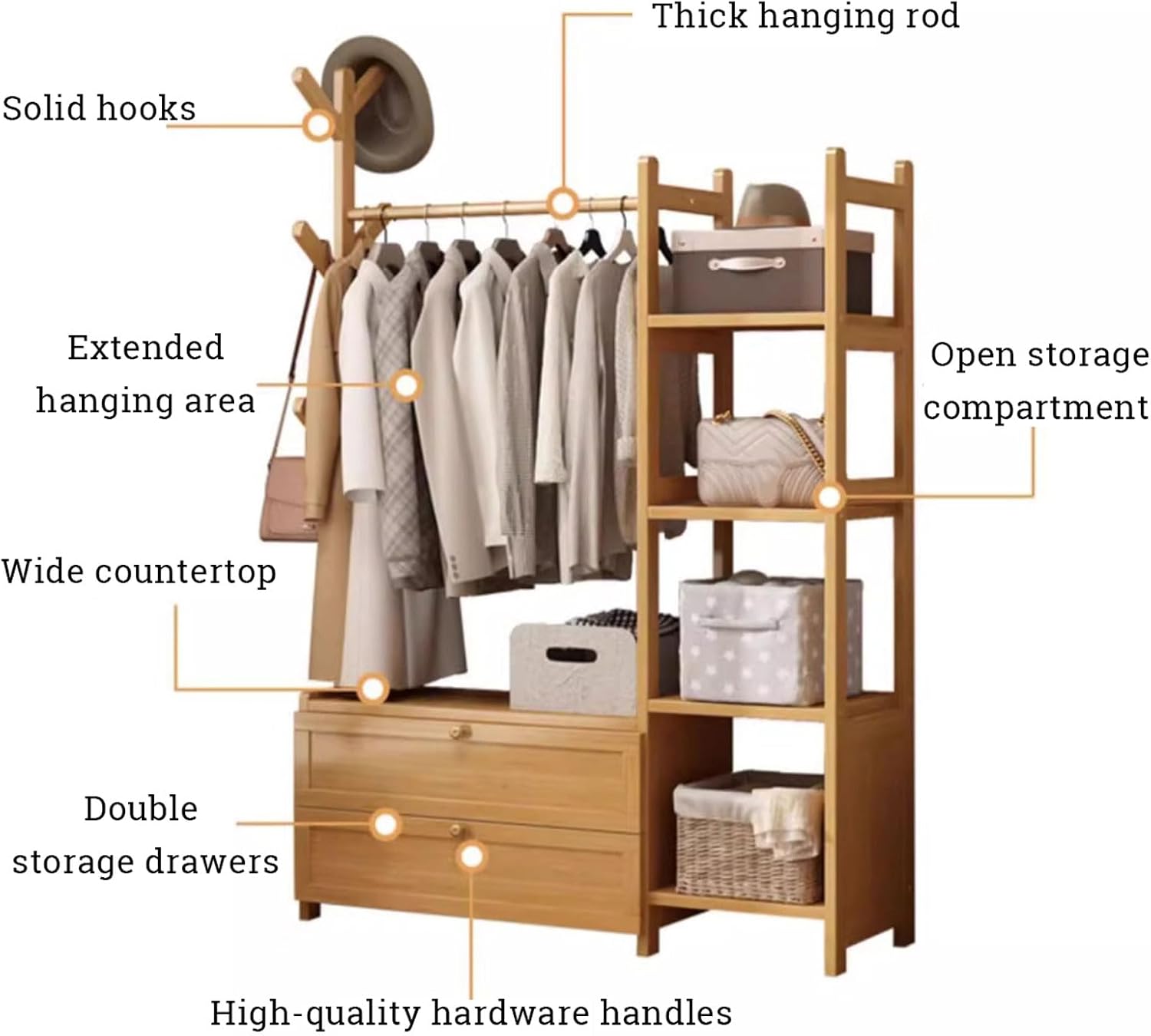 Bamboo Garment Clothes Rack, Free Standing Clothes Rail Stand with Hanging Rod, Open Storage Shelves, Hanging Rail Coat Stand, for Entryway Bedroom Bathroom Office