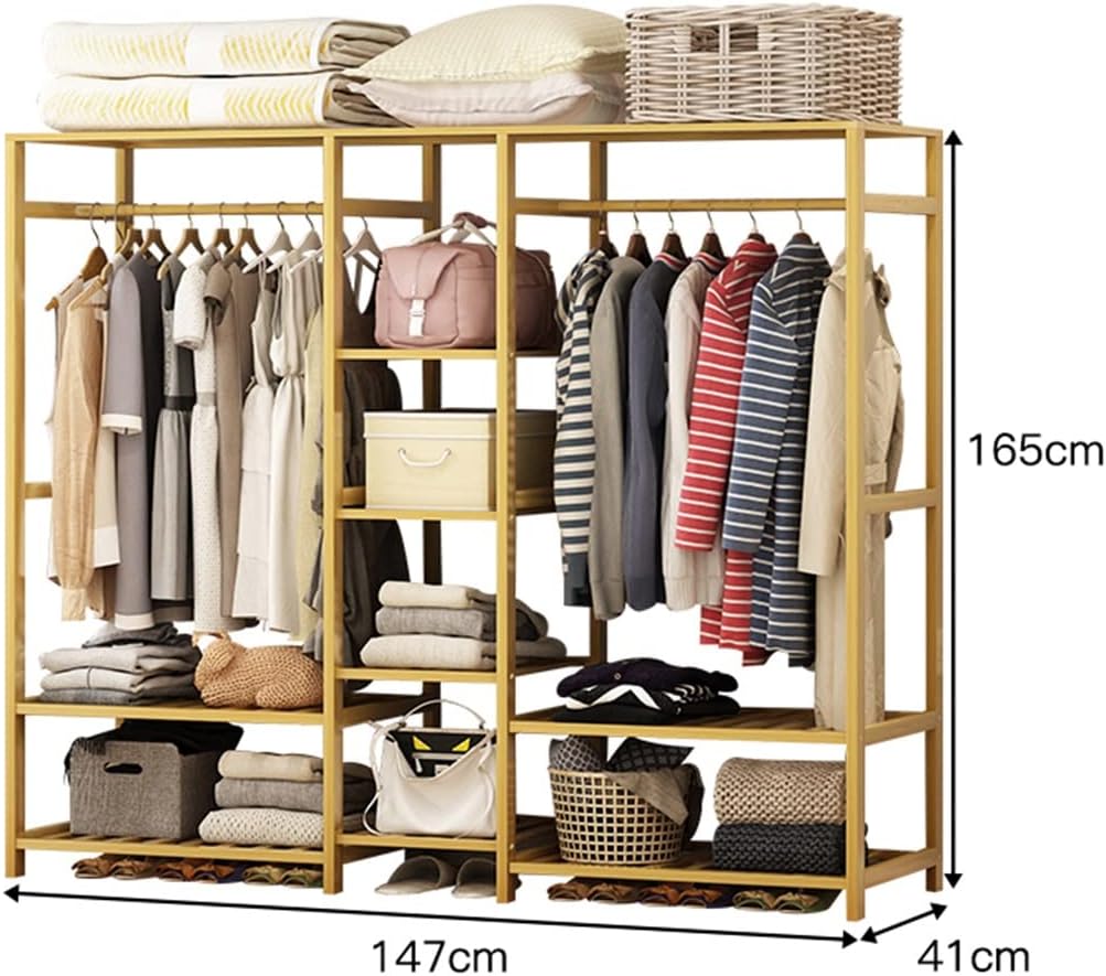 Freestanding Bamboo Wood Garment Rack, Corner Clothes Hanging Rack with 9 Tiers, 147 * 41 * 165cm, Space Saver