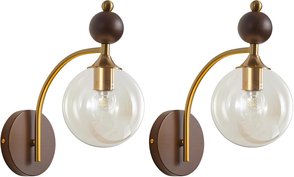 BOKT Brass Globe Gold Sconce Bedroom Wall Lamps Set of 2 Small Wall Lamp Modern Living Room Nordic Vanity Light Fixtures with Amber Glass 2-Light Bathroom Lighting Wall Sconces