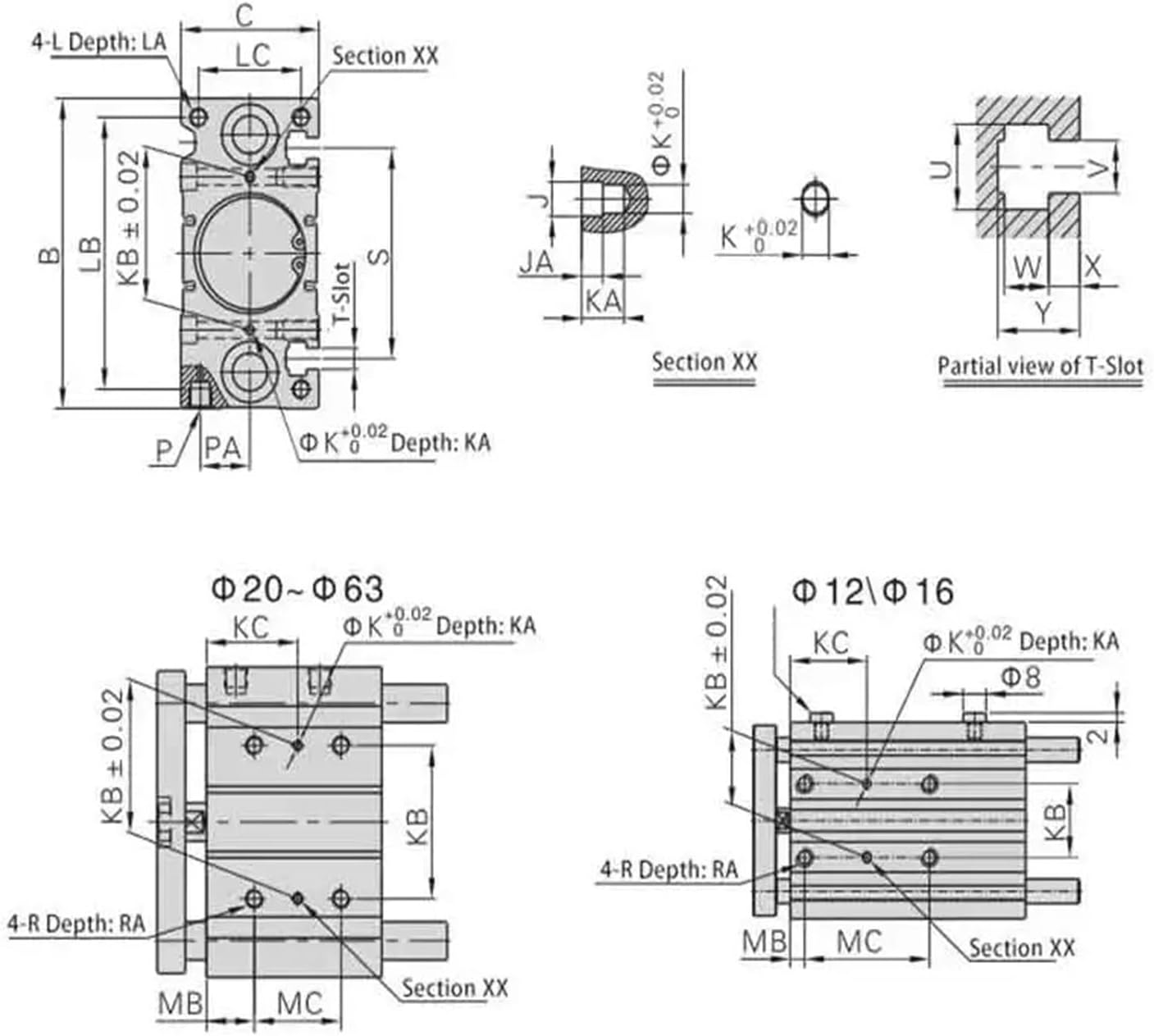 Three Bar Three-axis Adjustable Pneumatic Cylinder Bore 20-20/30/40/50/75/100/150mm(Stroke 20-20mm)