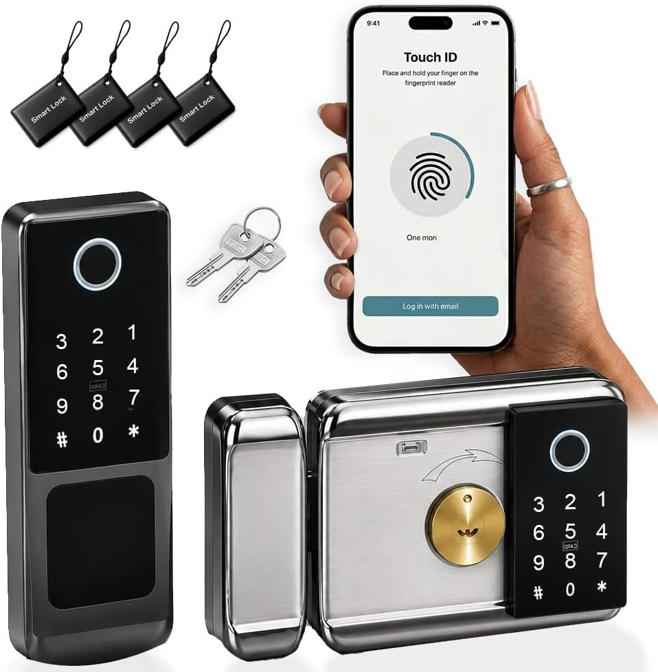 smart latch double gate lock, electronic gate latch for outdoor fence, waterproof keyless smart rim lock, electric double sided keypad locks, Fingerprint, Passcode, Key, IC Card, Tuya App