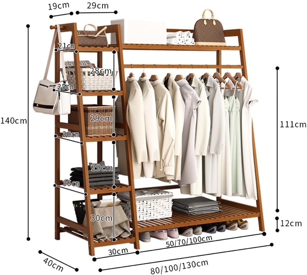 Bamboo Clothes Rail Stand - Freestanding Coat Garment Rack with Hanging Rod, Trapezoid Structure, Open Wardrobe Storage Organiser/A/50 * 40 * 140Cm,B,130 * 40 * 140Cm