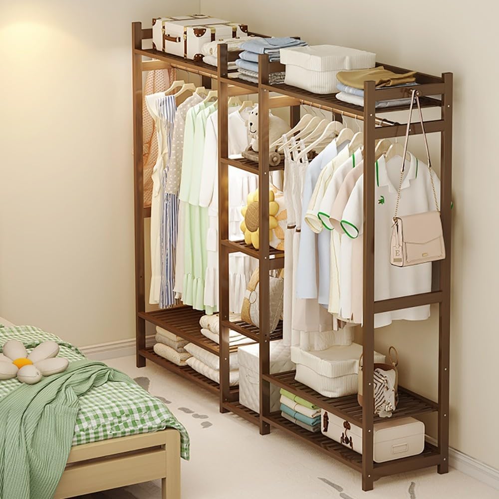 Bamboo Garment Rack with 5 Shelves Free Standing Clothes Rails for Bedroom Storage Clothing Rail for Dresses Shoes and Hats Max Load 100kg
