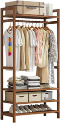 Freestanding Bamboo Clothes Rail with Hanging Rod, 2 Shelves & Hooks - Open Wardrobe Garment nizer for Bedroom & Hallway, Stylish Natural Wood Storage Solution