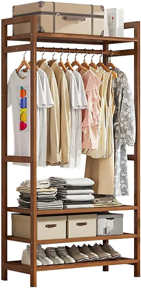 Bamboo Clothes Rail Stand with Hanging Rod 2 Shelves and Hooks Freestanding Coat Garment Rack for Bedroom Hallway Natural Wood nizer.