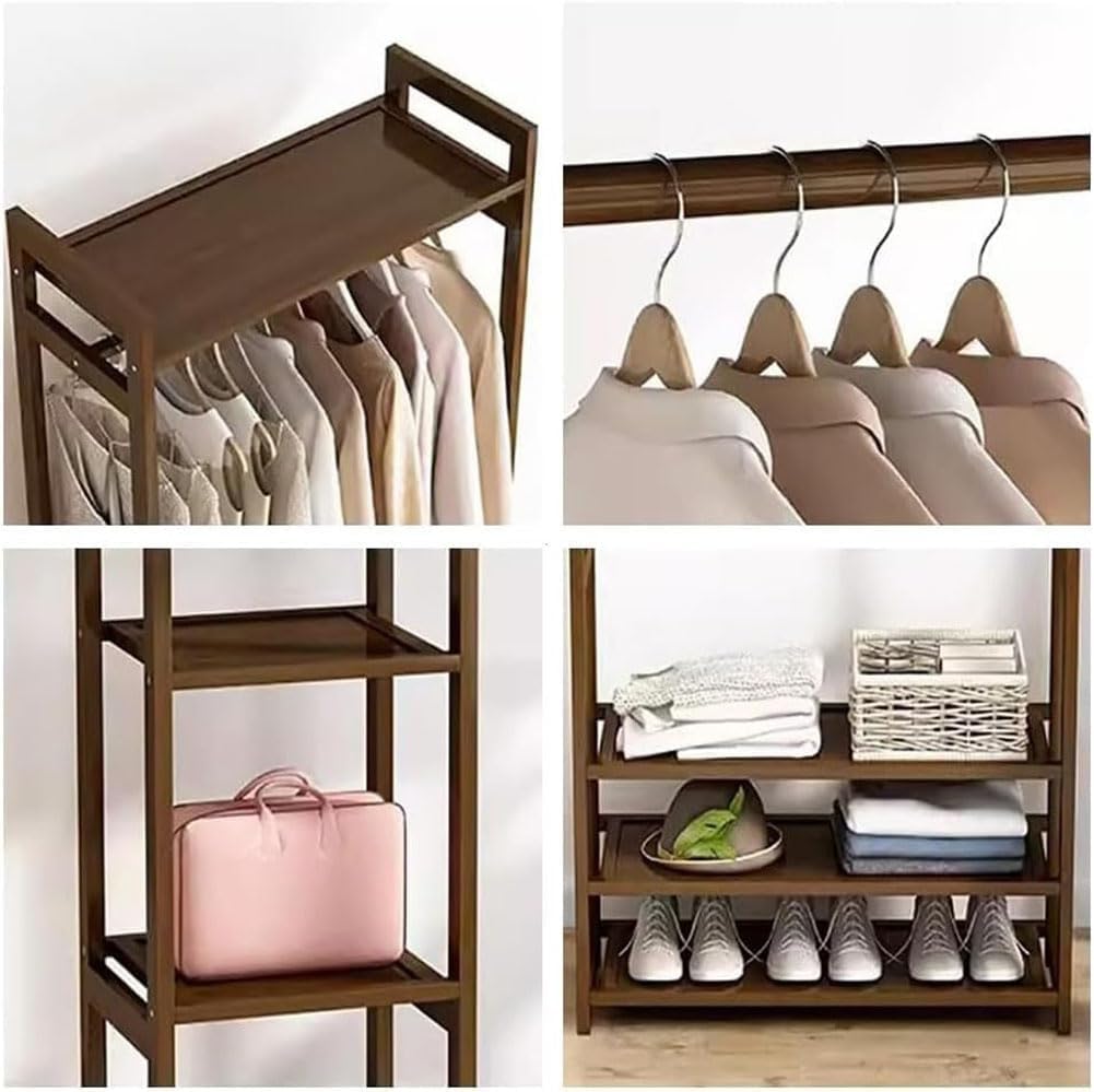 Garment Rack with 13-Tier Storage Shelves Back and Tidy Rail,Bamboo Clothes Rail, Open Wardrobe Closet, Clothing Standing Rack for Bedroom Hallway Entryway,130x30x150