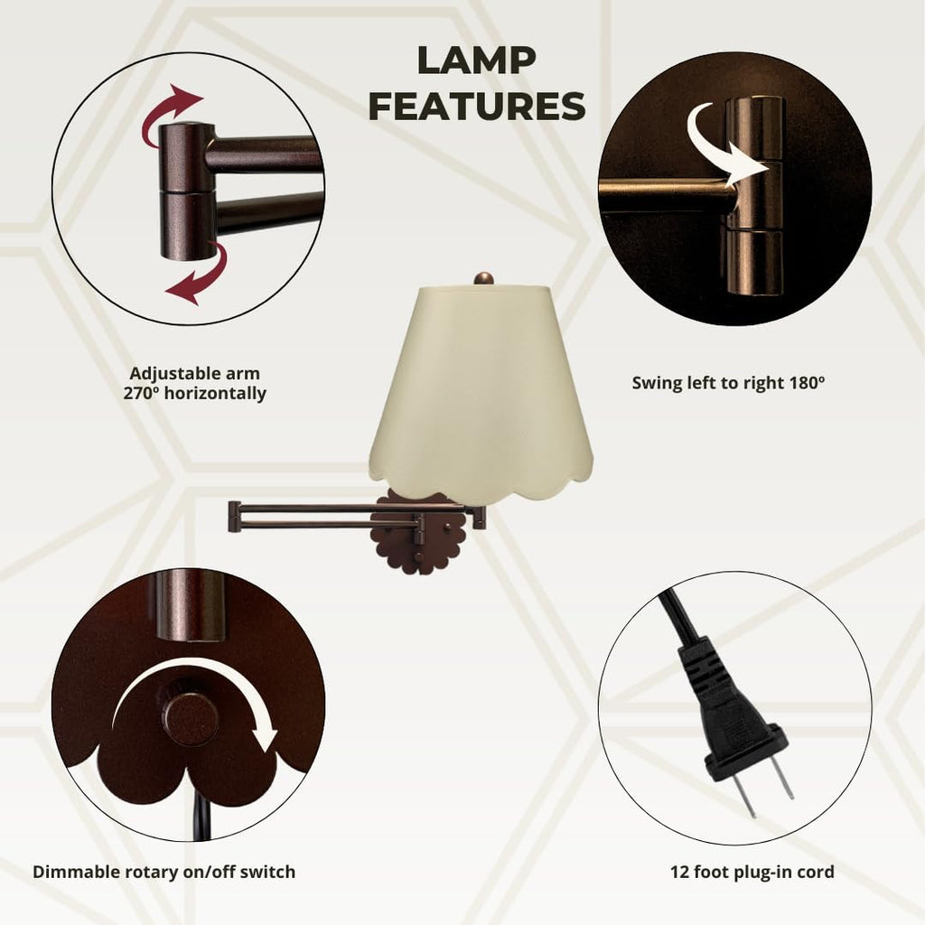 Royal Designs, Inc. Set of 2 Scalloped Swing-Arm Dimmable Wall Lamp - Oil Rubbed Bronze Lamp with Beige Scallop Hardback Lampshade