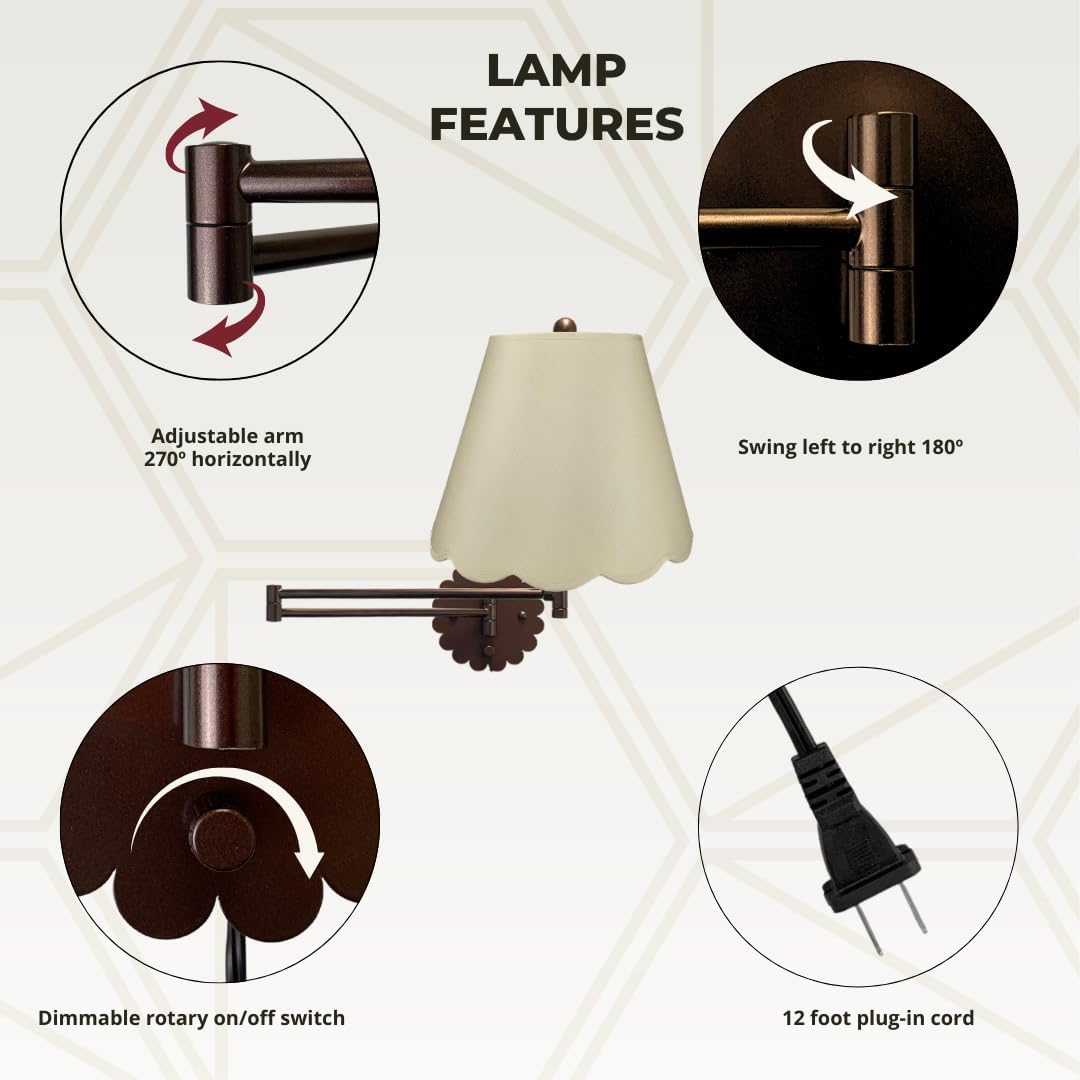 Royal Designs, Inc. Set of 2 Scalloped Swing-Arm Dimmable Wall Lamp - Oil Rubbed Bronze Lamp with Beige Scallop Hardback Lampshade