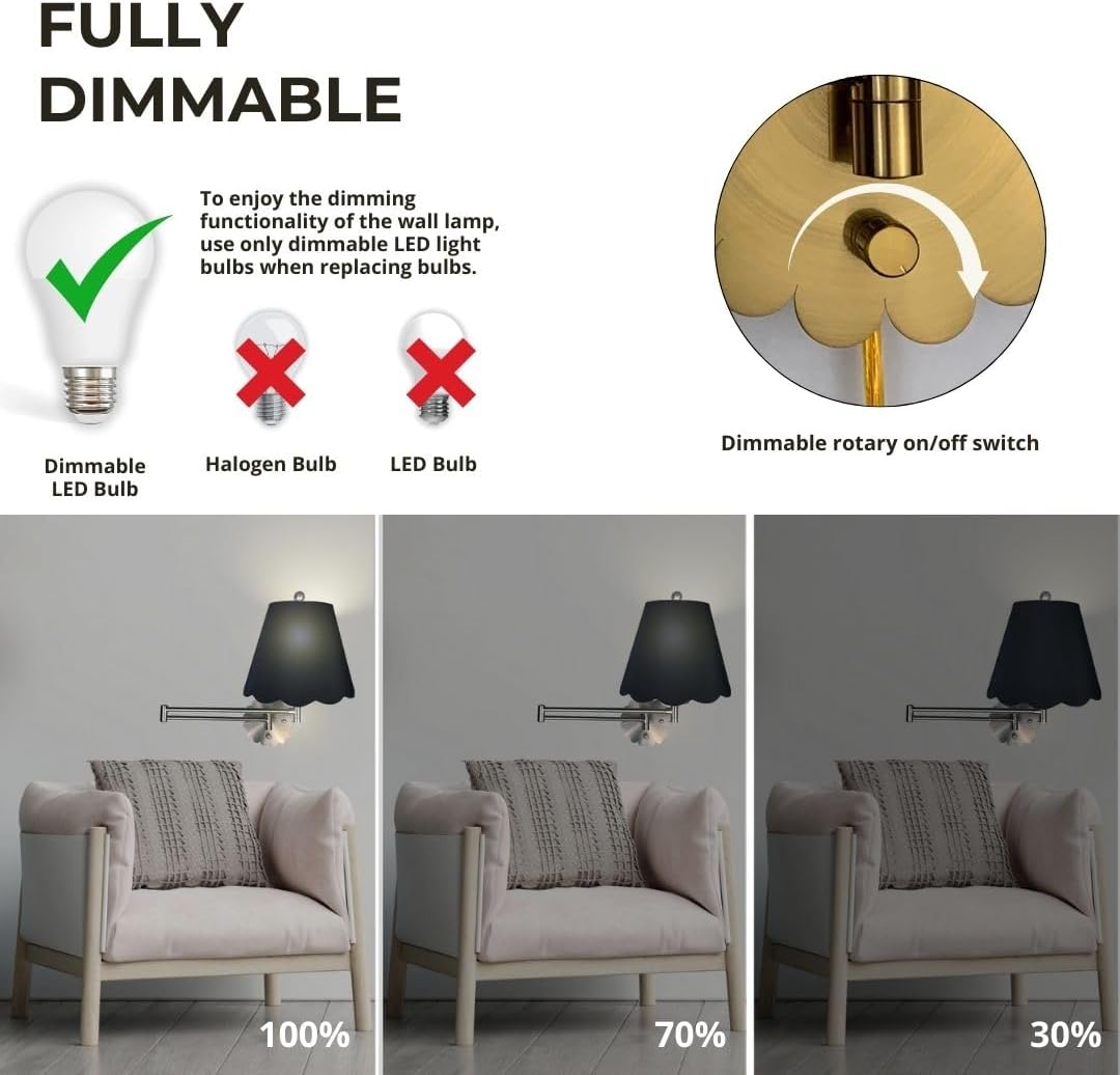 Royal Designs, Inc. Set of 2 Scalloped Swing-Arm Dimmable Wall Lamp - Brushed Satin Brass Lamp with Black Scallop Hardback Lampshade
