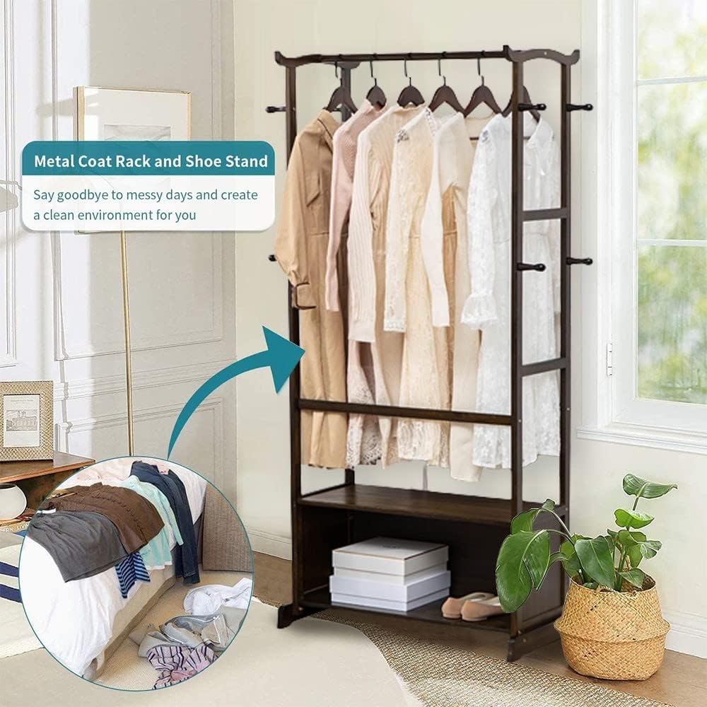 Portable Clothes Racks for Hanging Clothes, Bamboo Garment Rack with 8 Hooks and Lower Storage Shelf for Boxes Shoes Boots, Load 30Kg/a/55 * 39 * 174Cm (B 73*39*174Cm)