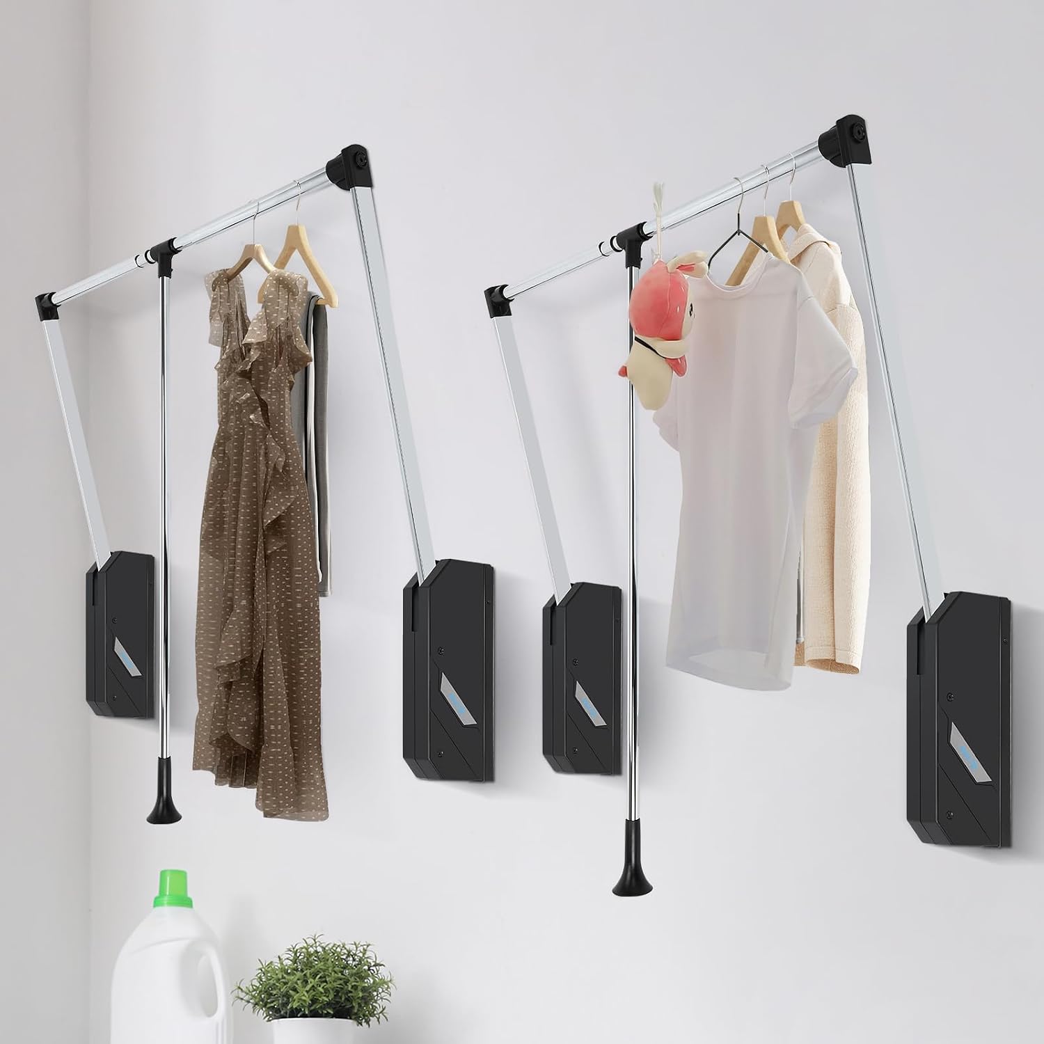 Pull Down Closet Rod 2 Pack, 60 lbs Load Capacity, Stainless Steel Adjustable 26-35 inches Soft-Close Wardrobe Lift Rail Organizer for Hanging Clothes, Two-way Buffering Side & Back Mounted Closet Rod