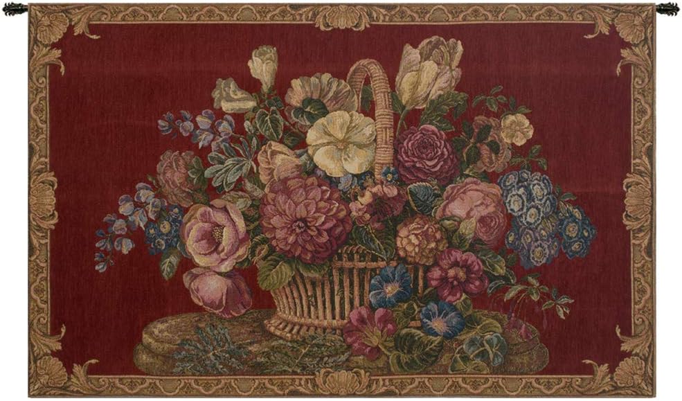 Charlotte Home Furnishings Italian Tapestry Wall Hanging 26x 45 in Flower Basket Burgundy Floral Tapestry for Bedroom Aesthetic and Living Room and Home Decor European Soft Cotton Jacquard Woven
