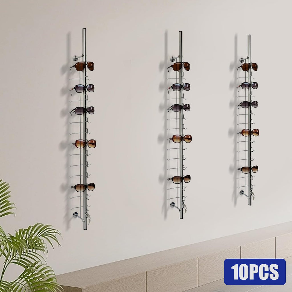 Sunglasses Rack Organizer, 10PCS Aluminum Wall Mount Eyeglasses Rack, Silver Sunglasses Rack Holder Eyeglasses Display Stand for Exhibition Display, Shop Display, Personal Storage (14 Pairs)
