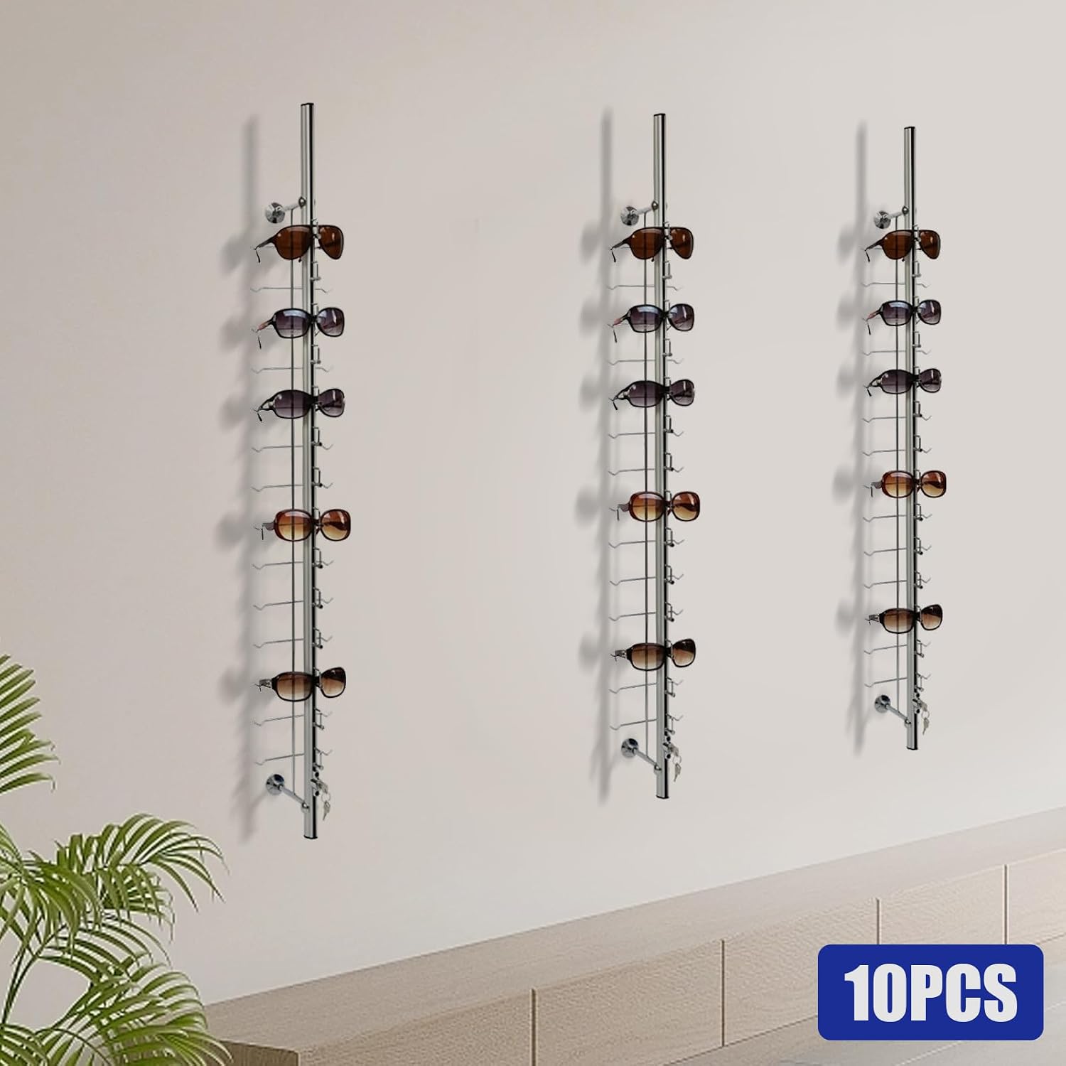 Sunglasses Rack Organizer, 10PCS Aluminum Wall Mount Eyeglasses Rack, Silver Sunglasses Rack Holder Eyeglasses Display Stand for Exhibition Display, Shop Display, Personal Storage (14 Pairs)