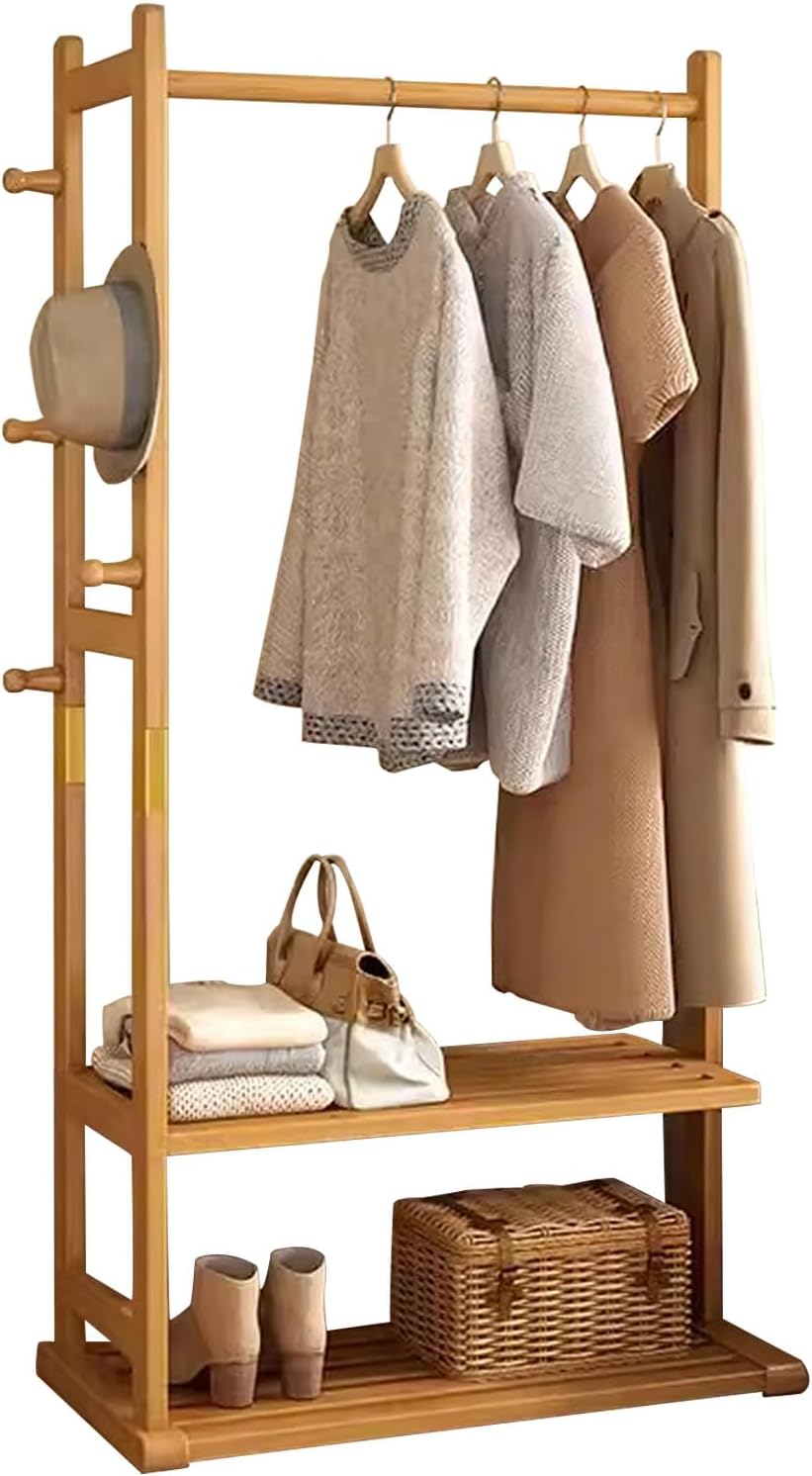 Bamboo Garment Rack Clothes Hanging Rack with Side Hooks and 2 Tiers Storage Shelves, Heavy Duty Clothes Display Rack Portable Wardrobe Closet Organizer