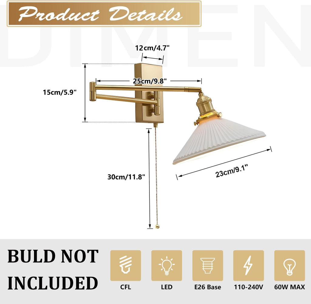 Swing Arm Sconces 2pk, Brushed Gold Hardwired Wall Lamp Pull Chain | Adjustable swing arm wall sconces in brushed gold with frosted glass; 180° rotation for bedside and vanity use; E26 base