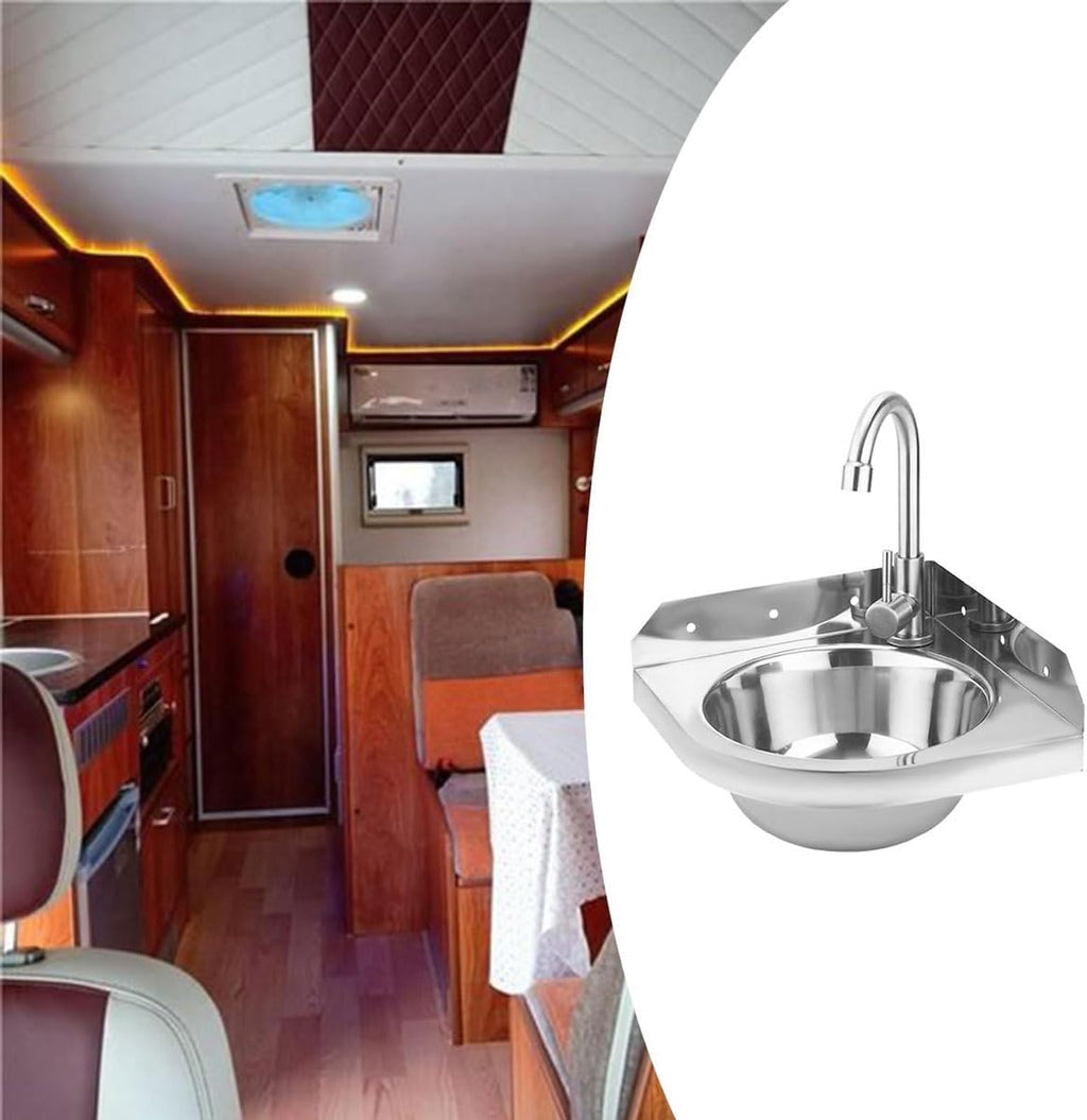 RV Sink,Wall Mounted Stainless Steel Corner Washbasin, Corner Kitchen Sink with Tap, Sink Drain Pipe, Ideal for RV, Boat, Bathroom, Kitchen, Toilet