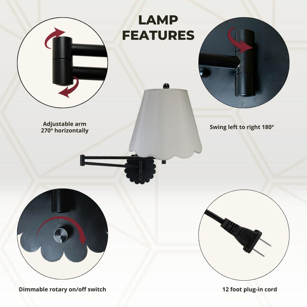 Royal Designs, Inc. Set of 2 Scalloped Swing-Arm Dimmable Wall Lamp - Black Lamp with Gray Scallop Hardback Lampshade