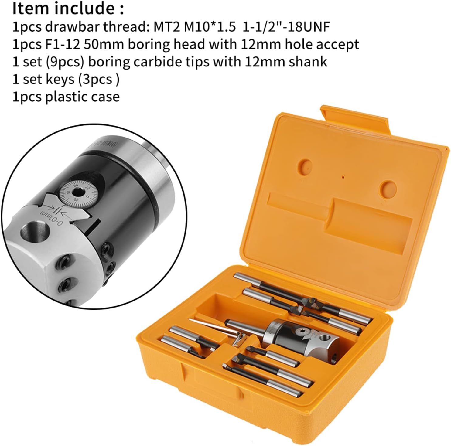 1 Set Boring Head Shank Boring Bar Set, MT2 M10 F1-12 50mm Boring Head with 9pcs 12mm Boring Bars for CNC Millling Machine Lathe Tool Set