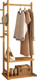 Bamboo Garment Rack Clothes Hanging Rack with Side Hooks and 2 Tiers Storage Shelves, Heavy Duty Clothes Display Rack Portable Wardrobe Closet Organizer