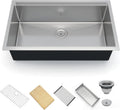 Senfot 33 Inch Undermount Kitchen Sink with Single-tier Track, Stainless Steel Single Bowl Kitchen Sink with Chopping Board, Drainer Basket, Bottom Net, Drainer, Roller Shutter