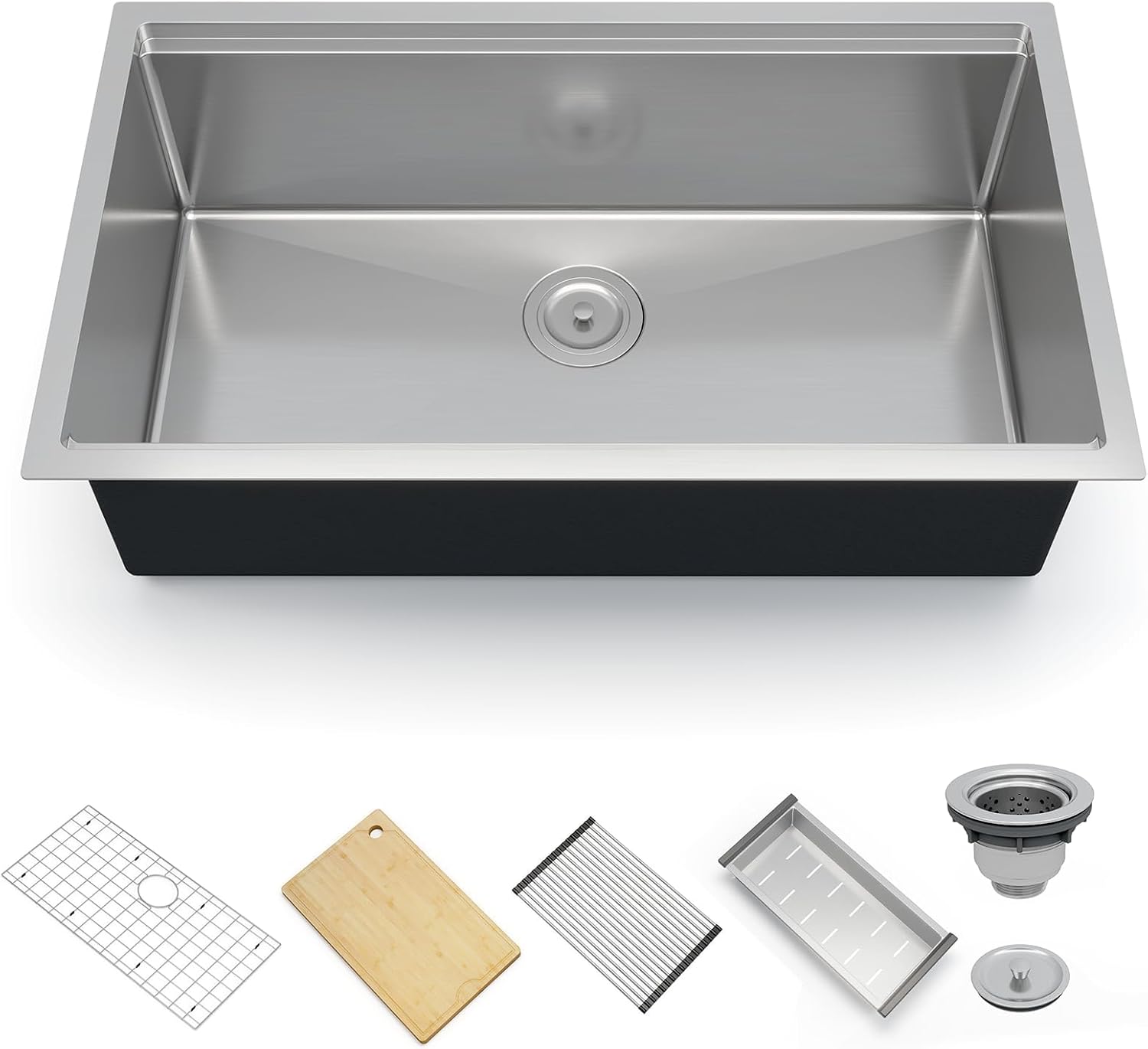 Senfot 33 Inch Undermount Kitchen Sink with Single-tier Track, Stainless Steel Single Bowl Kitchen Sink with Chopping Board, Drainer Basket, Bottom Net, Drainer, Roller Shutter