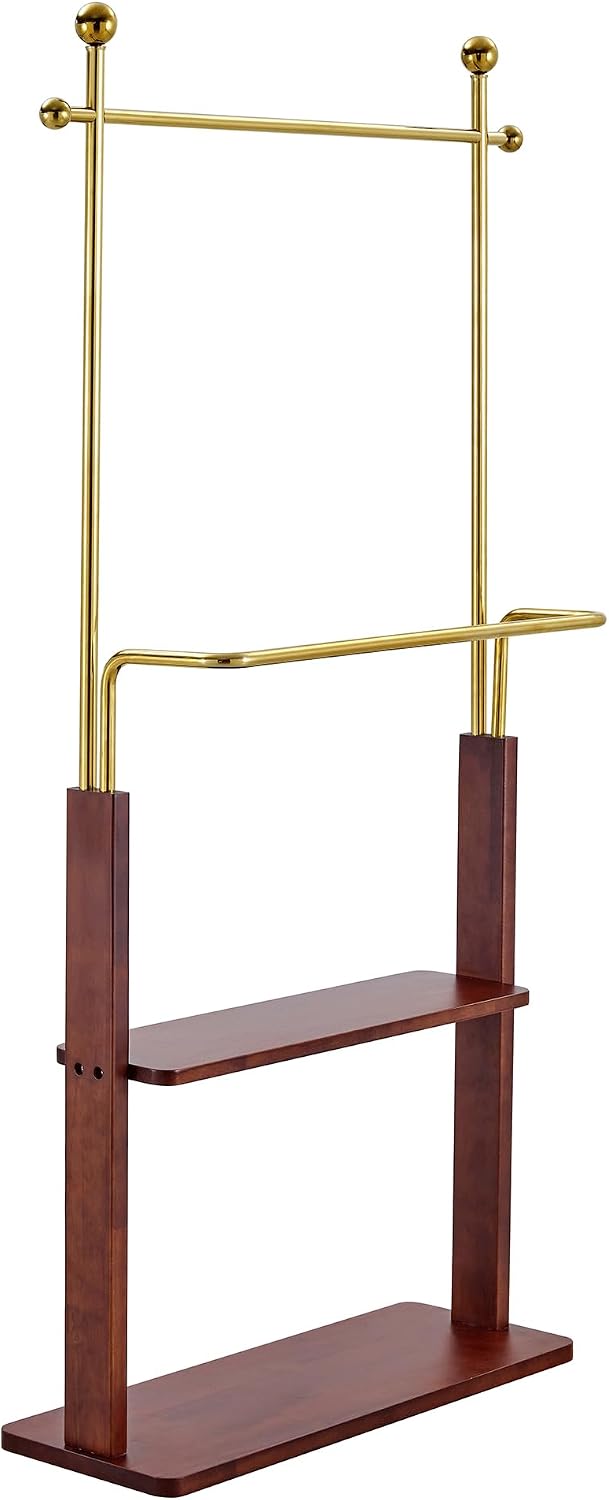 CHANCEE 68.9' Golden Stainless Steel and Walnut Solid Wood Double-Layer Coat Rack, Modern Freestanding Clothes Hanger with Storage Shelf, Multi-Functional Entryway Organizer Cabinet