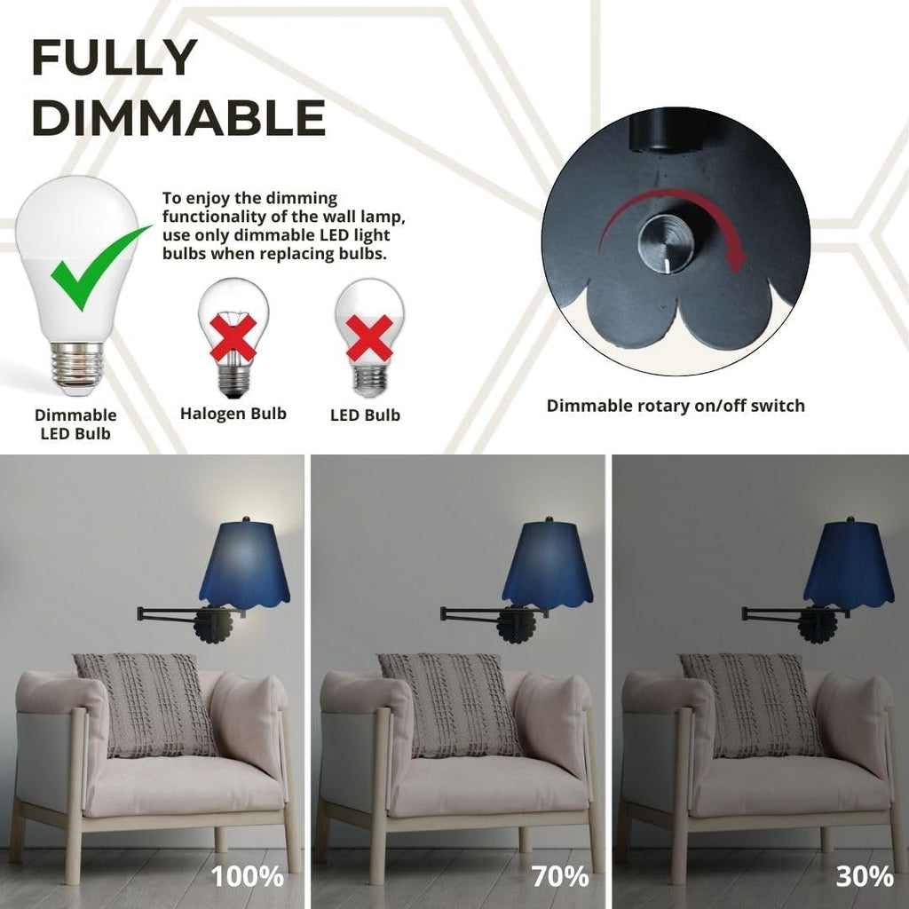 Royal Designs, Inc. Set of 2 Scalloped Swing-Arm Dimmable Wall Lamp - Black Lamp with Navy Blue Scallop Hardback Lampshade