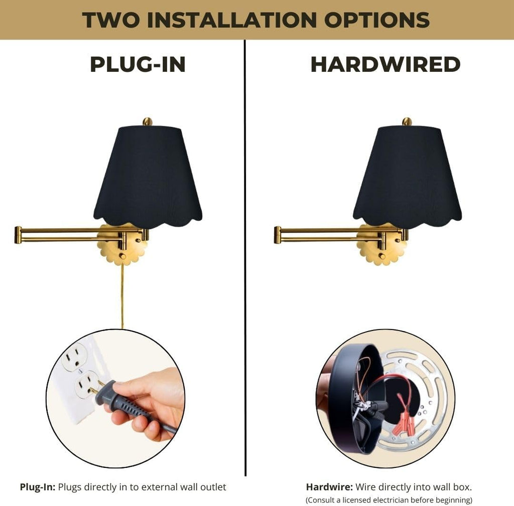 Royal Designs, Inc. Set of 2 Scalloped Swing-Arm Dimmable Wall Lamp - Brushed Satin Brass Lamp with Black Scallop Hardback Lampshade