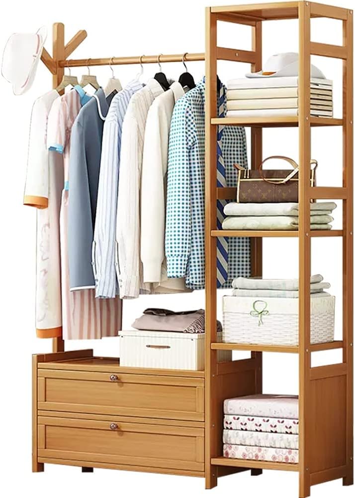 Floor-Standing Solid Wood Rotating Coat Rack，Freestanding Bamboo Coat Rack with Shelves & Garment Rail - Versatile Clothing Organizer for Hallway, Bedroom & Living Room Storage Solutions
