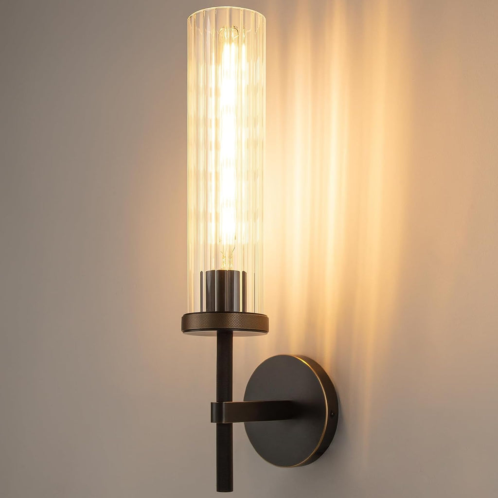 19.5' Knurled Brass Wall Sconce with Vertical Striped Glass Tube, Black Gold Bathroom Vanity Light Fixtures, Modern Lamp Lighting for Bedroom, Living Room, Hallway, Staircase, Mirror, Kitchen