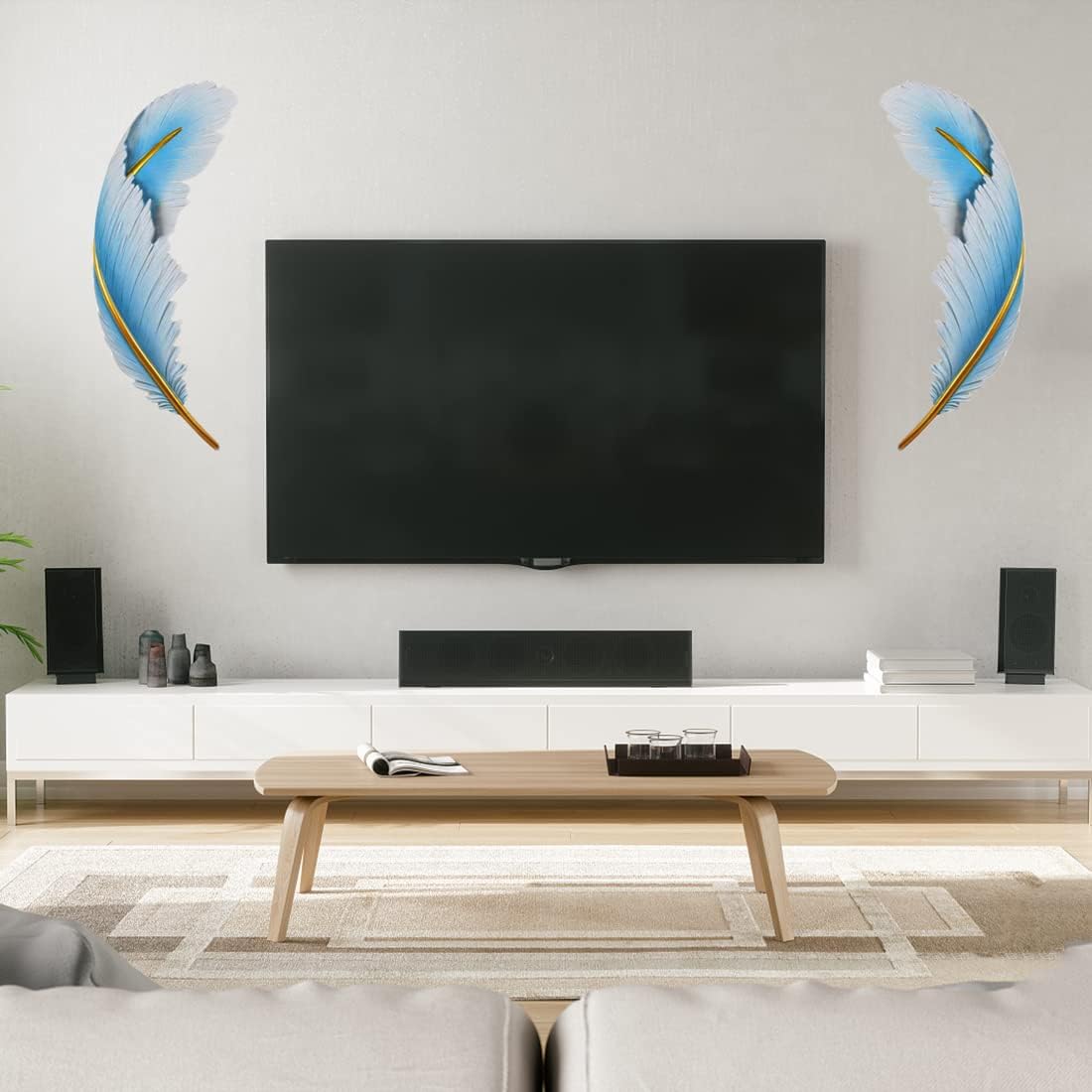 Dimmable Wall Lamp Set of 2 LED Wall Mount Light Fixtures Blue Feather Design Mid-Century Modern Feather Wall Lamp for Bedroom Living Dining Room Hallway