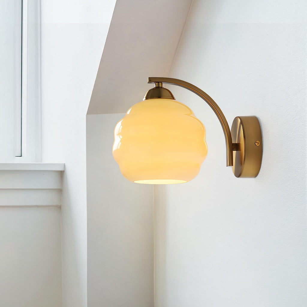 Vintage Brass Wall Sconces Set of Two Modern Brushed Gold Wall Light Fixtures Bathroom Vanity Sconce Lights with Yellow Glass Shade Wall Lamp for Living Room Bedroom Hallway MCL13GD-2 (2 Pack)