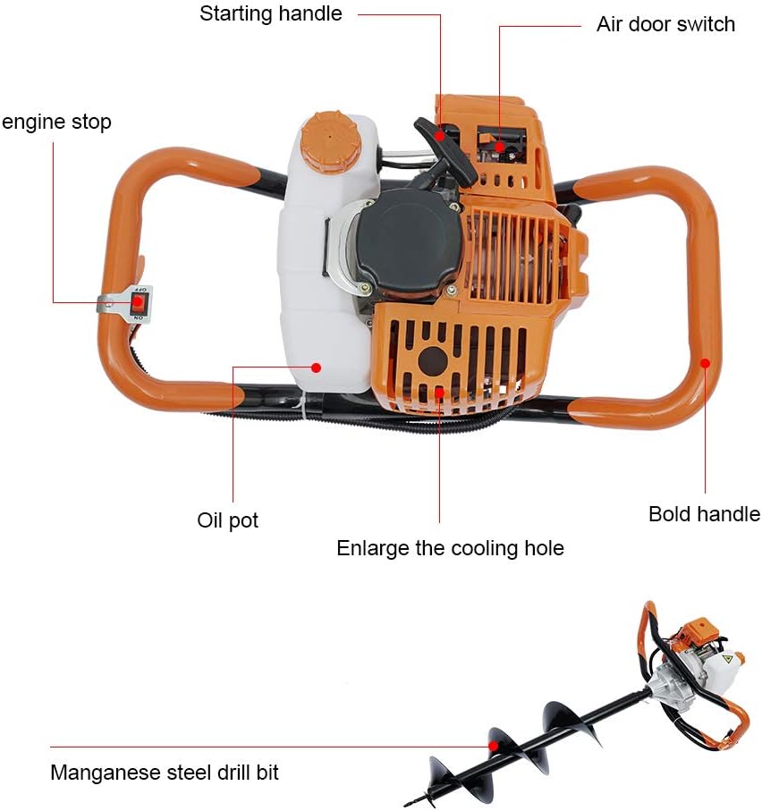 Fence Earth Auger, Petrol Borer 52cc 2-Stroke Post Hole Digger+Drill Bits 4' 6' 8' Bar Single Cylinder Air-Cooled System One Man Fence Earth Auger (US Stock) (2.3HP)