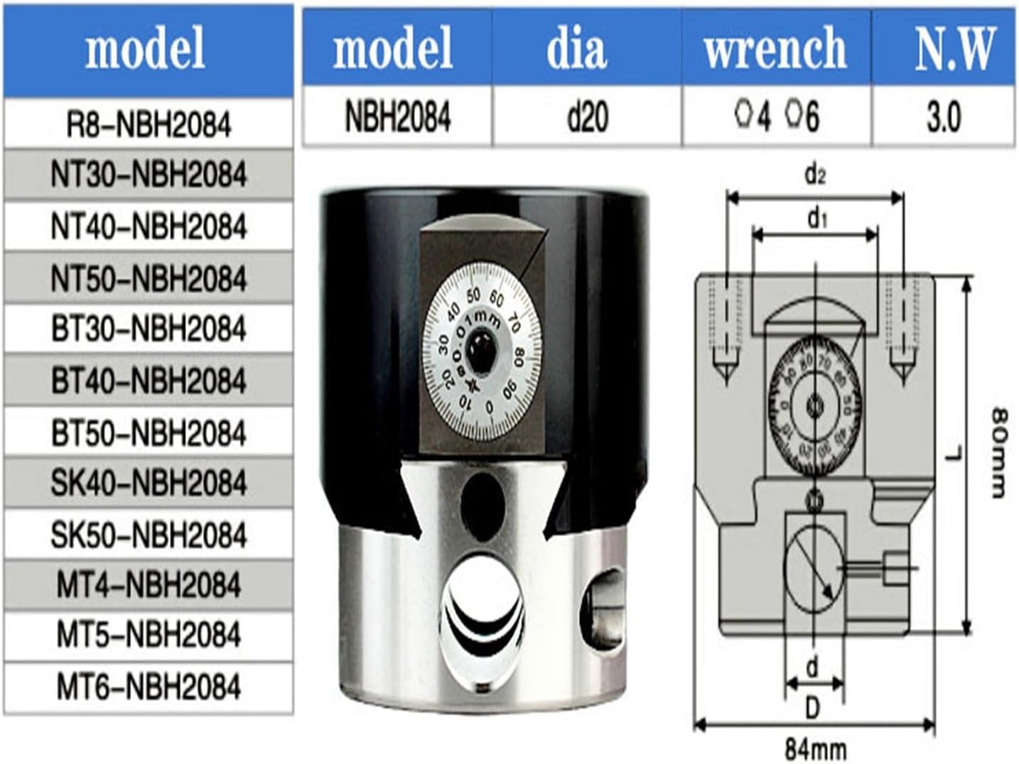 CNC NBH2084 Boring Head Suit Boring Head BT30 BT40 BT50 NT30 NT40 NT50 R8 Boring Bar Tool Set(SK40 Tool Holder)