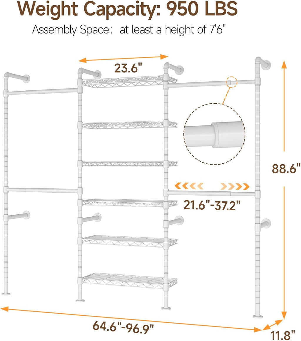 ONBRILL H3 Expandable Wall Mounted Closet System, 5.4FT-8.1FT Closet Organizer with 4 Telescopic Rods & 6 Wire Shelves, Industrial Pipe Clothing Rack for Walk-in & Reach-in Closet (White)