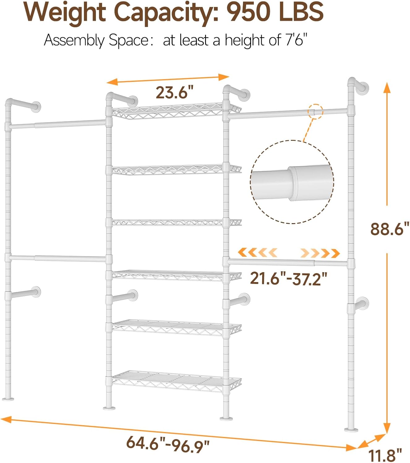ONBRILL H3 Expandable Wall Mounted Closet System, 5.4FT-8.1FT Closet Organizer with 4 Telescopic Rods & 6 Wire Shelves, Industrial Pipe Clothing Rack for Walk-in & Reach-in Closet (White)