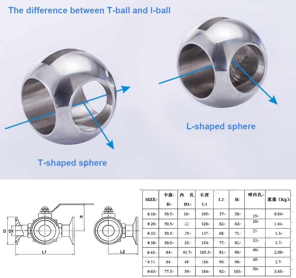 Garden Tap Connector Water Pipe Connectors, Stainless Steel Three-Way Ball Valve,T-Type L-Type OD 50.5mm 64mm Tri Clamp Ferrule Sanitary Ball Valve for Food Liquids Oil Gase(Ttype 304 45mm)
