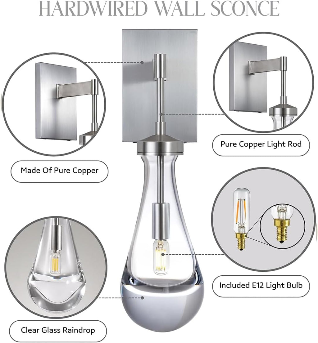 Wall Sconces Set of Two, Nickel Raindrop Sconces Wall Lighting Indoor Wall Lights for Bedroom, Nickel Bathroom Sconce, Wall Sconce Light for Living Room, Hallway