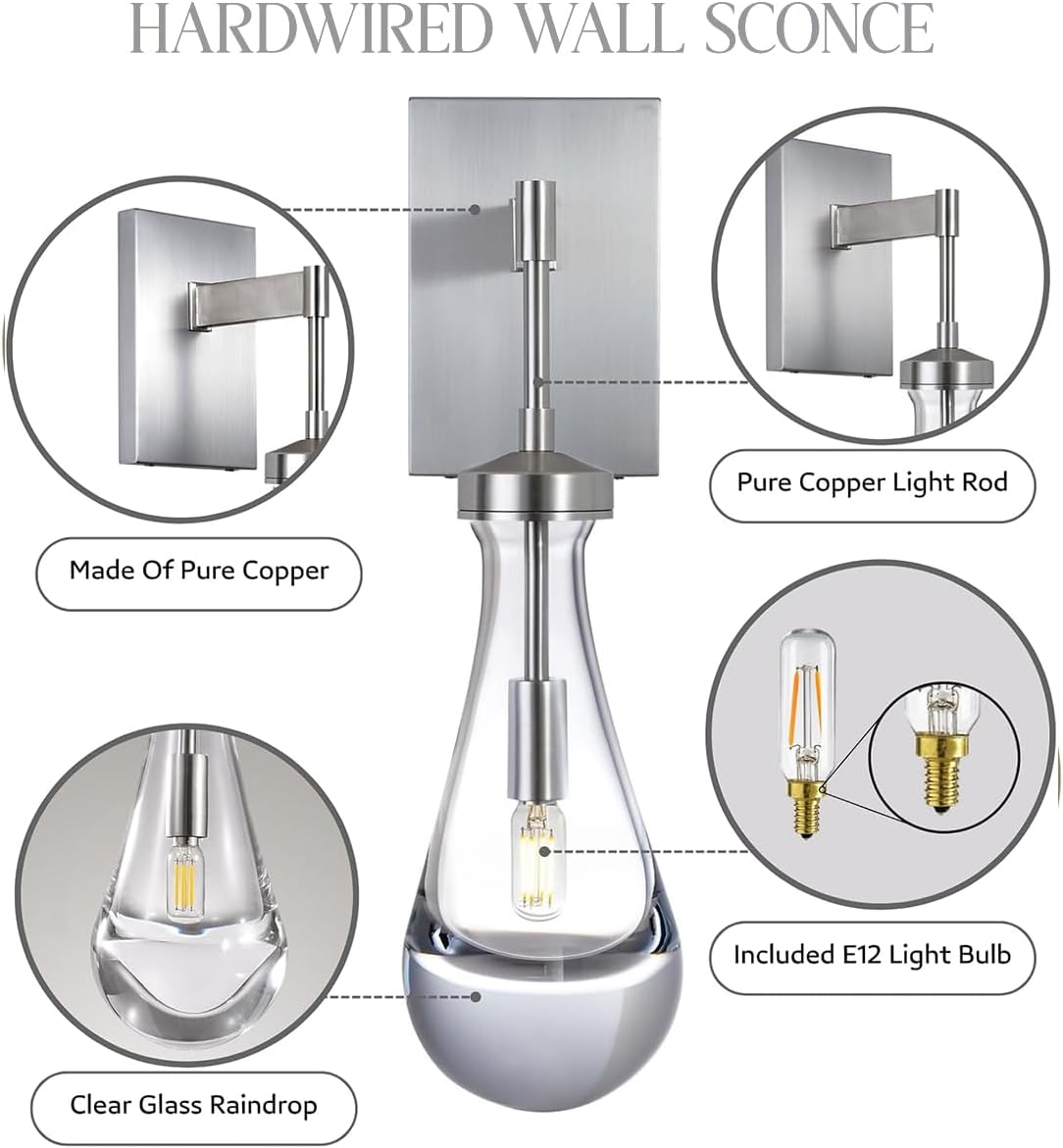 Wall Sconces Set of Two, Nickel Raindrop Sconces Wall Lighting Indoor Wall Lights for Bedroom, Nickel Bathroom Sconce, Wall Sconce Light for Living Room, Hallway