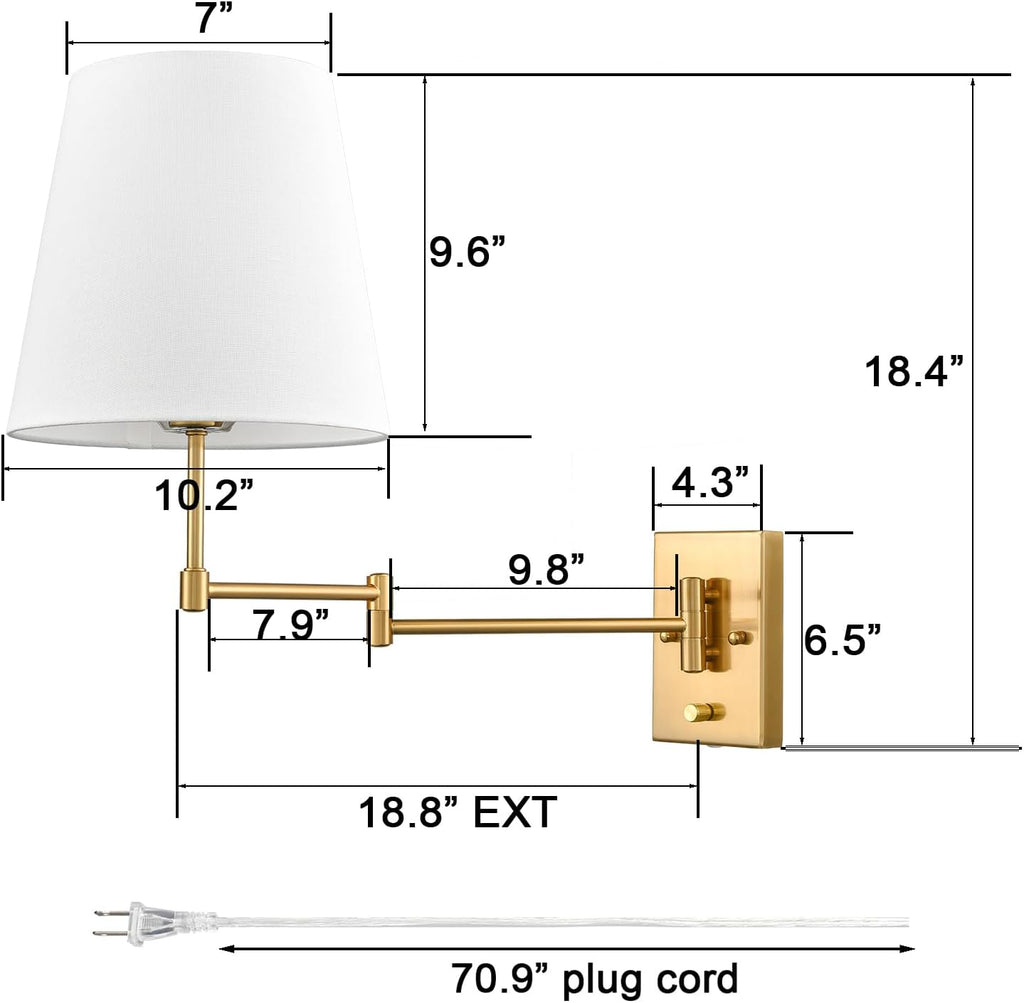 HYDELITE Gold Swing Arm Wall Lamp Brass Wall Sconces with Linen Shade | Plug-in or Hardwired Wall Light Fixtures Bedroom Bedside, House Reading, Living Room, Home Hallway, Dinning Set of 2