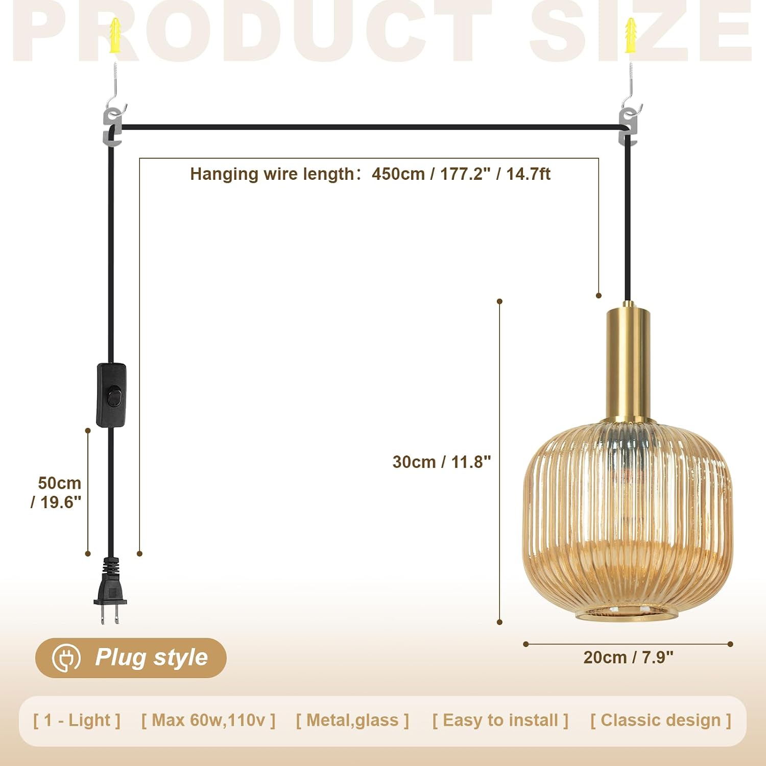 Amber Glass Plug in Pendant Light 2 Pack, Mid-Century Modern Gold Hanging Lamp, Ribbed Globe Hanging Light Plug in Swag Lights for Kitchen Island, Dining Room, Living Room, Bedroom