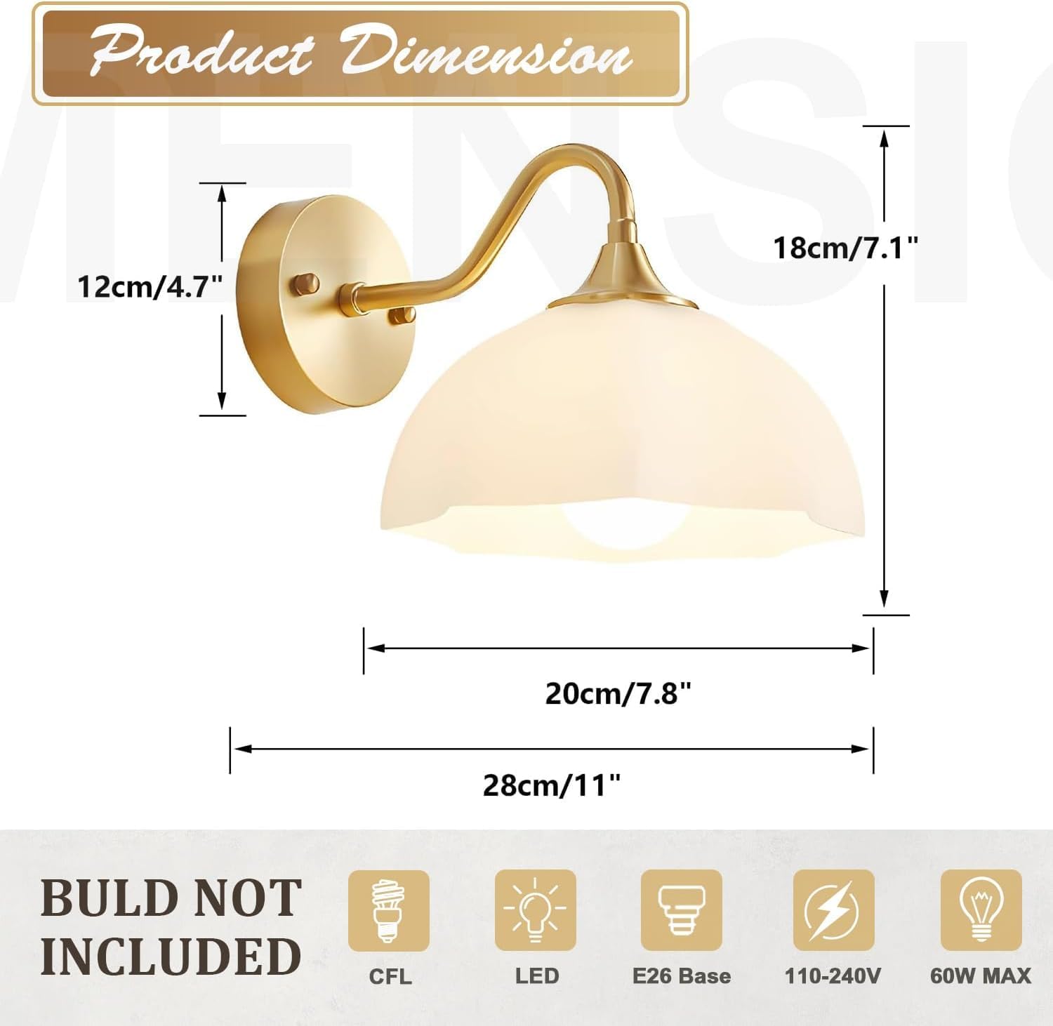 Gold Wall Sconce Set of 2 Mid Century Modern Wall Mount Light Hardwired Sconces Wall Lighting with Milky White Glass Shade Indoor Bedside Sconces Wall Lamp for Living Room Hallway MWL02-2A