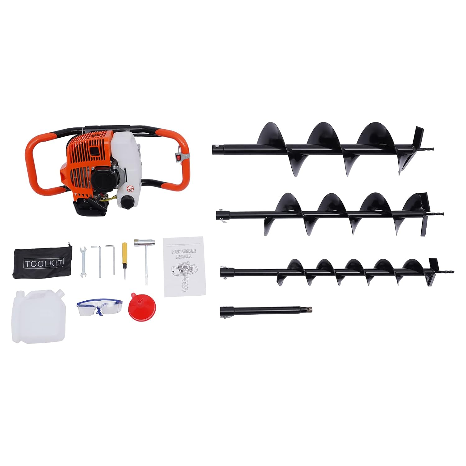 Fence Earth Auger, Petrol Borer 52cc 2.3HP 2-Stroke Post Hole Digger+Drill Bits 4' 6' 8' Bar Single Cylinder Air-Cooled System One Man Fence Earth Auger