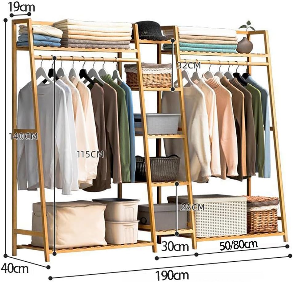 Bamboo Coat Rack - Freestanding Garment Rack with 7 Shelves & Top Rod for Hanging Clothes | Stylish Open Wardrobe Closet, Max Load 220Lbs - Ideal for Bedroom Storage