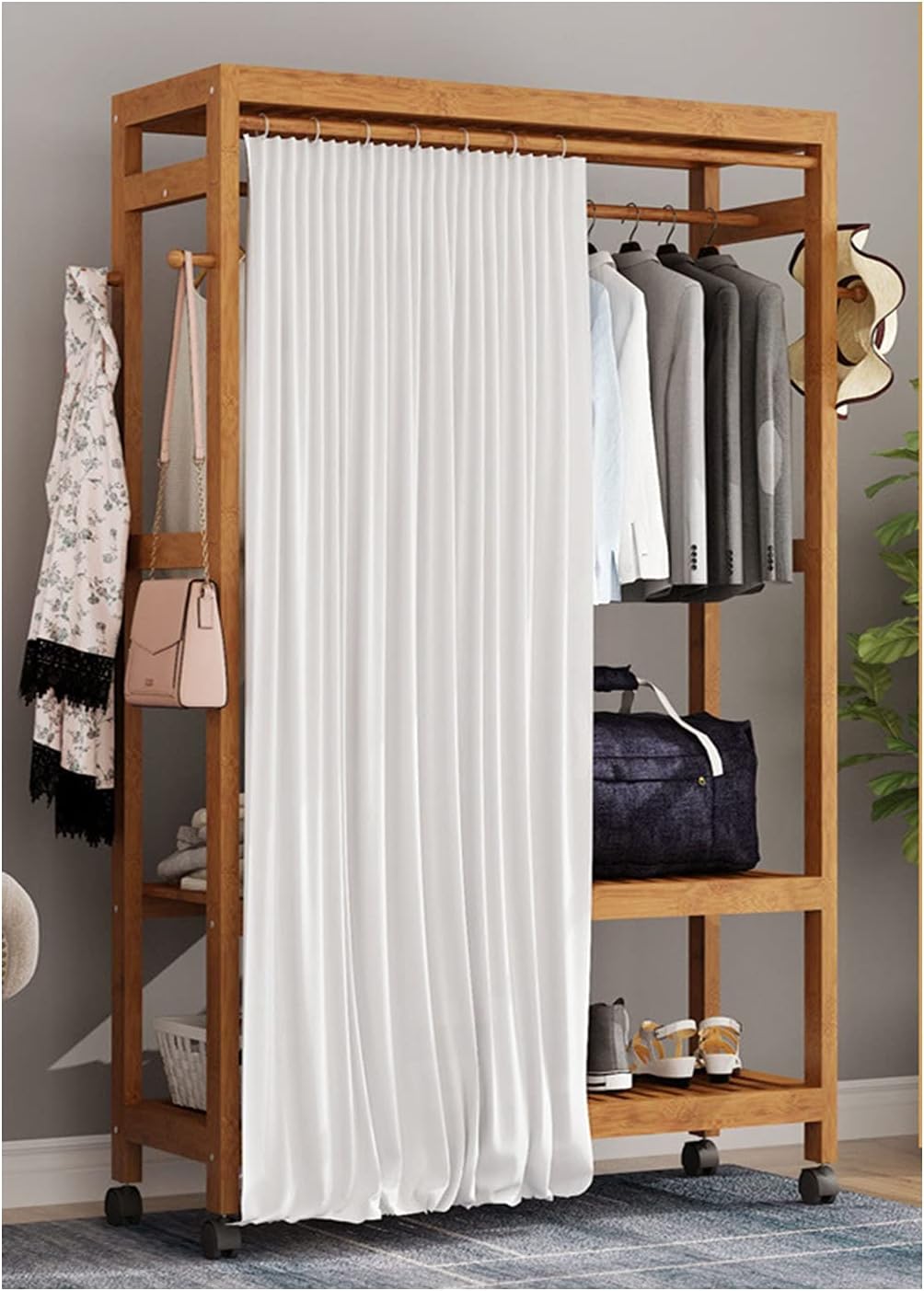 Coat Rack, Bamboo Garment Rack Heavy Duty Clothing Rack With 2-Tier Storage Shelves Clothes Hanging Rack On Wheels Minimalism Wardrobe Closet Organizer