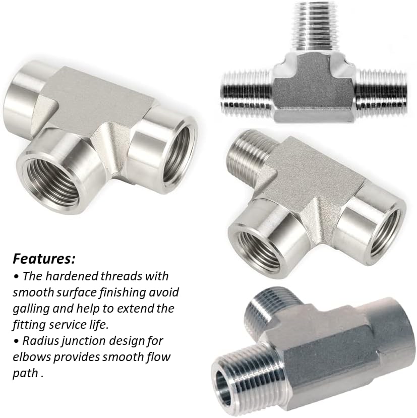 Hose Adapter,Tap Connector,NPT BSP to Male 1/8 1/4 3/8 1/2 3/4 1 inch 3000psig BSPT 316 Stainless Steel Pipe Fitting Connector-Female Street Tee(Female 1,Pipe Thread - NPT)