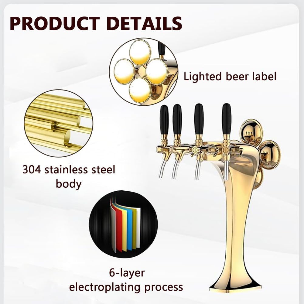 4 Taps Stainless Steel Tower, Pipe Tower Kegerator, with LED Beer Labels, Electroplating Surface (Gold/Sliver),Gold