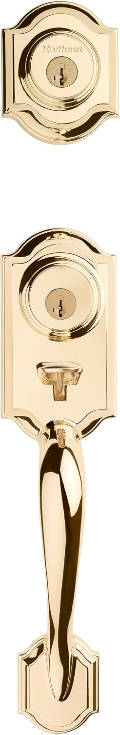 Kwikset Montara Front Door Lock Handle and Deadbolt Set, Entry Handleset Exterior with Interior Door Knob, Polished Brass, Pick Resistant SmartKey Rekey Deadbolt Security