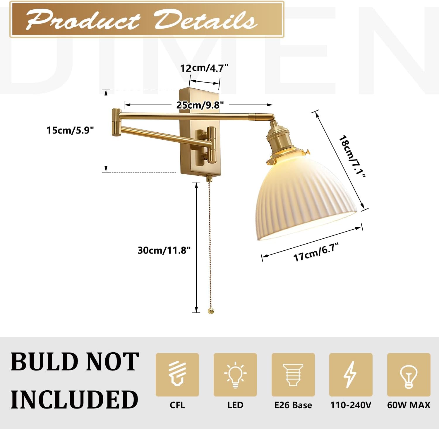 Gold Wall Sconces Set of 2 Modern Bathroom Sconces Wall Lighting Brushed Brass Wall Mount Light Fixture Milk Glass Swing Arm Wall Sconces with Pull Chain Bedroom Hardwired Wall Lamps MWL14D-2